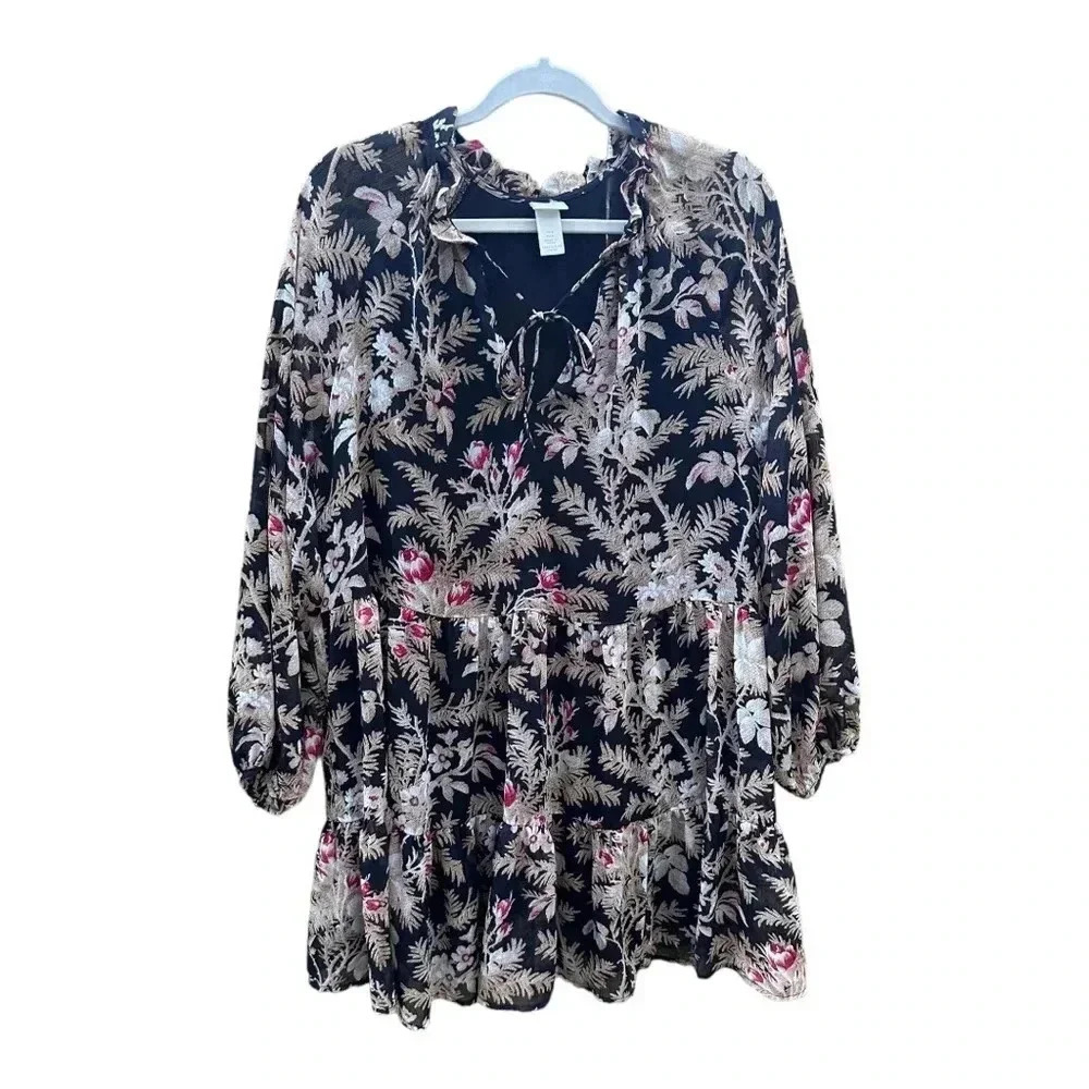 H&M Black Floral Flowy Long Sleeve Tunic Dress // Size Medium
